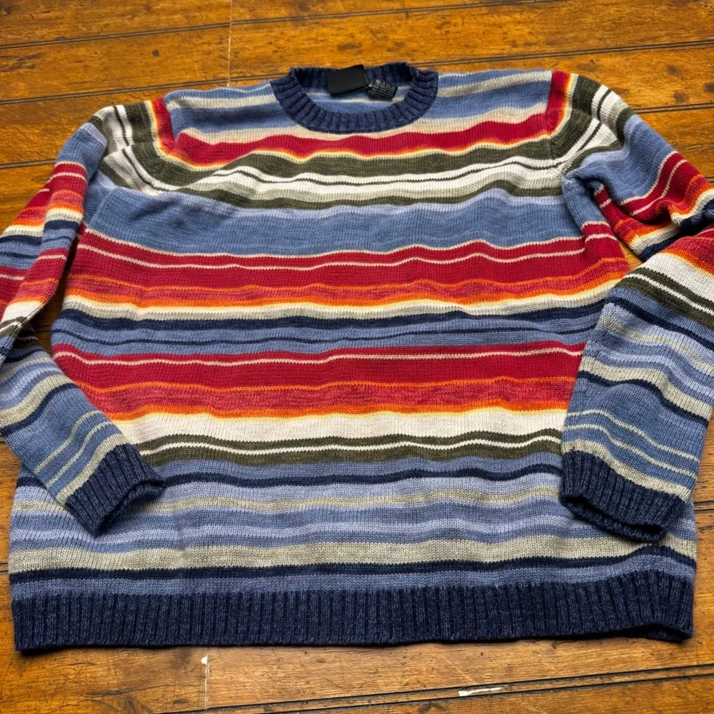Ms Lee Vintage Multi Color Striped Knit Sweater Blue Red Ramie‎ Cotton Womens M